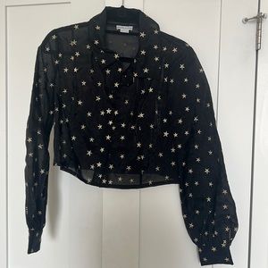 Donna Mizani black sheer button down cropped top with embroidered stars. Size L